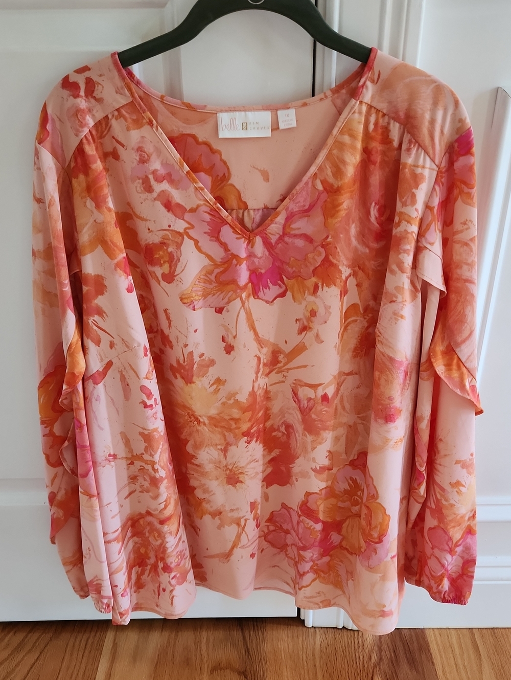 Belle By Kim Gravel, V-Neck Blouse in Peach-Pink, Sz 1X